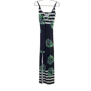 Tropical Palm Leaf Print Maxi Dress Navy White Striped Sexy Bodycon Cute XL